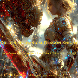 [ValkyrieSaga] Golden Mechanical Dragon Knight - Steampunk Fantasy / 黄金の機竜と女騎士・スチームパンク素材集【20枚/4K/商用可】