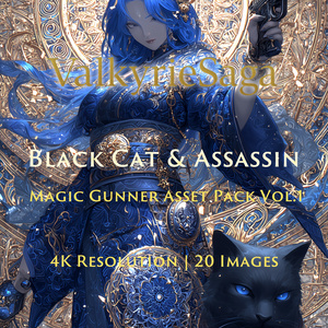 [ValkyrieSaga] Black Cat Assassin & Magic Gunner - Modern Fantasy / 黒猫と魔銃のアサシン・青と金の魔法使い素材集【20枚/4K/商用可】