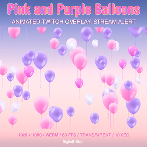ピンクと紫色風船、かわいいパステルカラーのストリームオーバーレイ、アニメーション付き Twitch アラート / Pink and Purple Balloons, Cute Pastel Stream Overlay, Animated Twitch Alert