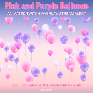 ピンクと紫色風船、かわいいパステルカラーのストリームオーバーレイ、アニメーション付き Twitch アラート / Pink and Purple Balloons, Cute Pastel Stream Overlay, Animated Twitch Alert