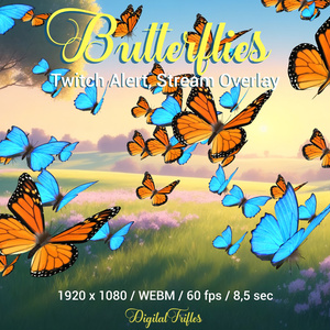 Butterfly Twitch オーバーレイのアニメーション ストリーム装飾、全画面アラート、美しい青とオレンジの蝶、透明な背景 / Butterfly Twitch overlay animated stream decoration, full screen alert