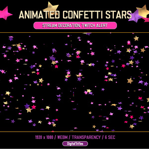 アニメーション化された Twitch アラート、ピンク、紫、金色の星の紙吹雪、かわいいストリーム オーバーレイ  / Animated Twitch alerts, pink, purple and gold stars confetti, cute stream overlay