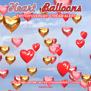 Twitch オーバーレイ アニメーション ラブハート バルーン、ストリーム アラート、赤、ピンク、ゴールドのハートの風船 / Twitch overlay animation love heart balloons, stream alerts, red, pink and gold heart balloons