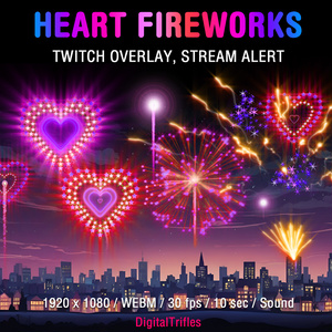 ハート型のピンクの花火、アニメーション ストリーム オーバーレイ、Twitch アラート、OBS、StreamElements、Streamlabs 用、サウンド付き / Hearts Shaped Pink Fireworks, Animated Stream Overlay, Twitch Alert, for OBS, StreamElements, Streamlabs