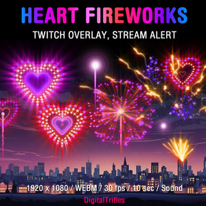 ハート型のピンクの花火、アニメーション ストリーム オーバーレイ、Twitch アラート、OBS、StreamElements、Streamlabs 用、サウンド付き / Hearts Shaped Pink Fireworks, Animated Stream Overlay, Twitch Alert, for OBS, StreamElements, Streamlabs