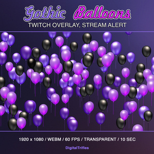 Twitch オーバーレイ アニメーション ゴス バルーン、ストリーム アラート、黒、紫のバルーン / Animated Gothic Balloons, Stream Overlay, Witchy Streamers and VTubers Asset, Twitch Alert
