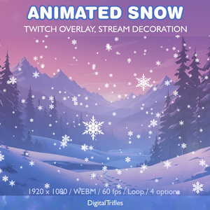 アニメーション化された雪の Twitch オーバーレイ、ストリーム アセット、冬とクリスマスのストリーミング テーマ、4 つの降雪と雪の結晶のストリーム デコレーション、ループ動画  / Animated Snow Twitch Overlay, Winter, Christmas, Snowfall, Snowflake, Stream Decorations, Loop
