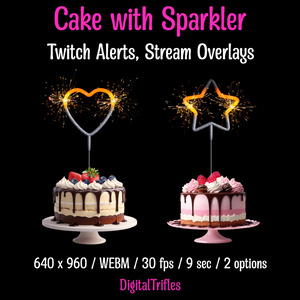 スパークラー付きケーキのTwitchアラート、アニメーションストリームオーバーレイ、祝祭用ストリーム装飾、VTuber向けアセッ / Twitch Alerts Cake Sparklers, Animated Stream Overlays, Happy Birthday Streaming Alerts, Festive Stream Decor, Vtuber Assets