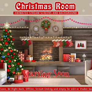 クリスマスルーム ツイッチオーバーレイ、動く配信画面、 OBSのシーン、Twitch用シーン、 正月、冬、クリスマスツリー、暖炉、非AI / Christmas Twitch Overlay, Animated Stream Screens, Starting Soon, BRB, Vtuber Room, Winter, Xmas Tree, Fireplace, No AI