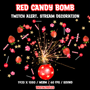 甘い赤いボム、キャンディーとイチゴ入り、ツイッチオーバーレイ、ストリームアラート、ストリームデコレーション / Red Candy Bomb Twitch Alert, Full Screen Animated Stream Overlay, Candy and Strawberry BOOM! Stream Decoration, Sound
