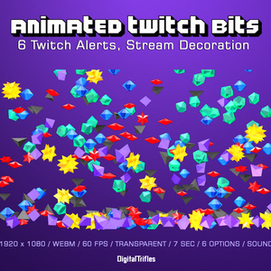 アニメーション ビット、ストリーム アラート パッケージ、6 つのフルスクリーン Twitch アラート、透明、新しい応援、寄付 / Animated Bits on Transparent Background, Stream Alert Package, 6 Full Screen Twitch Alerts, New Cheering, New Donations