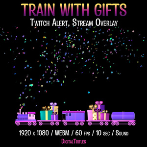 おもちゃの機関車がプレゼントを届けました、Twitch アラート、ストリーム オーバーレイ、Vtuber とストリーマー向けのアニメーション アセット / Twitch Alert, Stream Overlay, Train with Gifts, Animated Asset for Vtubers and Streamers, Fullscreen Stream Alert