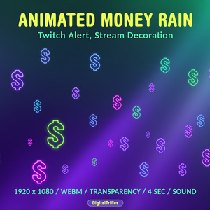 マネーレインTwitchアラート、落下するドル記号、新しい寄付、応援、ビット、ヒント、サウンド付きアニメーションストリームオーバーレイ / Money Rain Twitch Alert, Falling Dollar Signs, New Donation, Cheer, Bits, Tips, Animated Stream Overlay with Sound