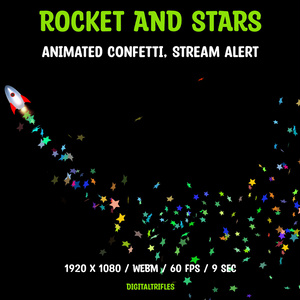 アニメーションストリームオーバーレイ、ロケットと紙吹雪の星、ストリーマーやVTuber向けのフルスクリーンTwitchアラート / Animated Stream Overlay, Rocket and Confetti Stars, Fullscreen Twitch Alert for Streamers & VTubers