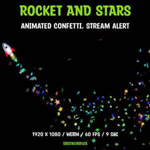 アニメーションストリームオーバーレイ、ロケットと紙吹雪の星、ストリーマーやVTuber向けのフルスクリーンTwitchアラート / Animated Stream Overlay, Rocket and Confetti Stars, Fullscreen Twitch Alert for Streamers & VTubers
