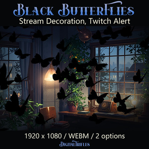 黒い蝶、Twitch オーバーレイ、ストリーム デコレーション、ストリーマーと Vtuber 向けのアニメーション Twitch アラート、神秘的、魔女、ダークな美学 / Black Butterflies, Stream Overlays, Animated Twitch Alerts, Mystic, Dark Aesthetic, Witchcraft, Gothic