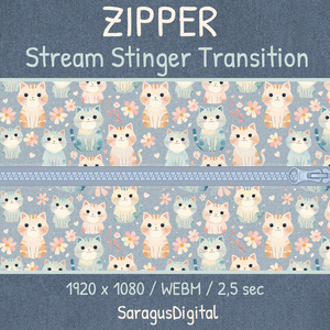 Twitchスティンガートランジション、ジッパーとかわいい猫、配信トランジション、アニメーションオーバーレイ、ストリーマーやVTuber向け / Twitch Stinger Transition, Zipper and Cute Cats, Stream Transition, Animated Overlay, for Streamers and VTubers