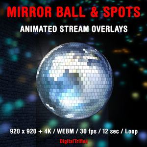 アニメーションミラーボール＆スポットライトオーバーレイ・配信デコレーション・ループ素材（DJ・音楽配信・VTuber向けTwitchオーバーレイ）/ Animated Mirror Ball and Spots, Stream Overlays, Loop Disco Ball for DJ, Music Streamers & Vtubers, Twitch, OBS