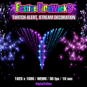 アニメーション花火アラート、Twitchオーバーレイ、年越し配信デコレーション、音付きパーティーストリーマーアセット / Animated Festive Fireworks, Twitch Alert, Stream Overlay, New Year Streaming Decor, Party Streamer Asset with Sound