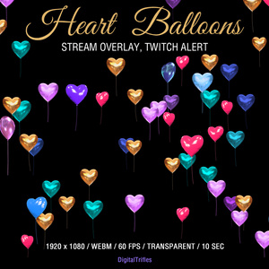 ラブハートバルーンTwitchオーバーレイ、アニメーション配信アラート、バレンタイン配信デコレーション / Love Heart Balloons Twitch Overlay, Animated Stream Alert, Valentines Day Stream Decoration