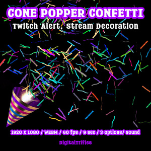 紙吹雪配信アラート、パーティーポッパーのアニメーションオーバーレイ（WEBM・サウンド付き・3種類）/ Confetti Cannon Stream Alerts, Party Popper Animated Overlays, WEBM with Sound, 3 Styles