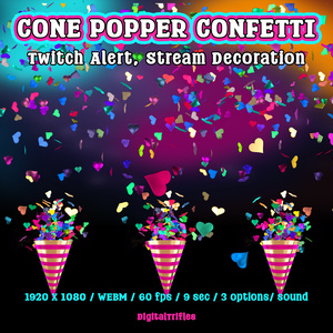 ハートの紙吹雪コンフェティポッパーTwitch配信アラート、アニメーション配信オーバーレイ（3種類）/ Confetti Popper Twitch Alerts, Animated StreamOverlay, 3 Festive Streamer Assets, Hearts Confetti
