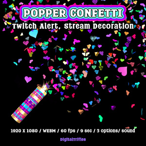 ハート型紙吹雪の配信アラート、パーティーポッパーTwitchオーバーレイ（WEBMアニメーション3種・サウンド付き）/ Heart Confetti Stream Alert, Party Popper Twitch Overlay for Streamers, 3 WEBM Animations, Sound