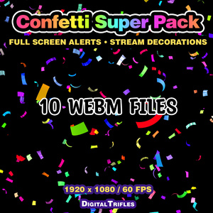 カラフルな紙吹雪のTwitch配信アラート、3Dアニメーションオーバーレイ（10種類パック・フルスクリーン） / Confetti Twitch Alerts, 3D Animated Stream Overlay, 10 Variations Pack, Fullscreen Multicolor Confetti