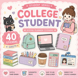 College Student Sticker Pack｜大学生デジタルステッカー 40点｜PNGイラスト素材