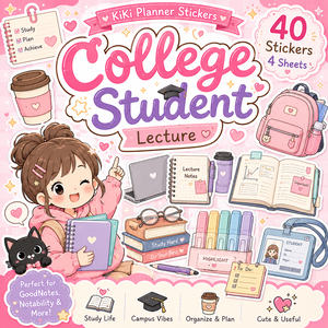 College Student Lecture デジタルプランナーステッカー 40種類｜GoodNotes対応｜大学・勉強・講義スケジュール｜PNGイラスト素材