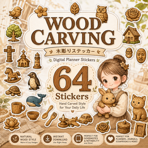 木彫り風デジタルステッカー64枚 木製アイコン 動物 花 建物 食器 おもちゃ ナチュラル 手帳デコ GoodNotes対応 PNG素材