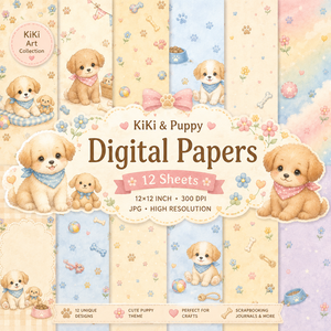 ふんわり子犬のデジタルペーパー12枚セット｜12×12インチ・300dpi・JPG｜スクラップブック・ジャーナル素材｜PNGイラスト素材