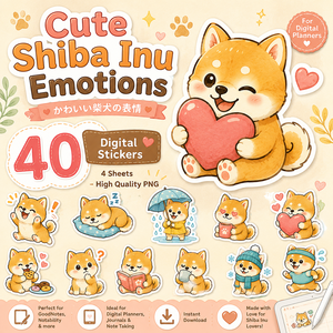 かわいい柴犬の表情デジタルステッカー40枚 GoodNotes Notability iPad対応 手帳デコ 日記 デジタルプランナー｜PNGイラスト素材