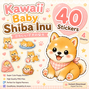 かわいい子犬の柴犬 デジタルステッカー40枚 GoodNotes Notability対応 PNG 手帳デコ iPad ダウンロード素材