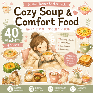 Cozy Soup & Comfort Food デジタルステッカー40枚｜手帳デコ・セルフケア・食事記録・冬のプランナー素材｜PNGイラスト素材