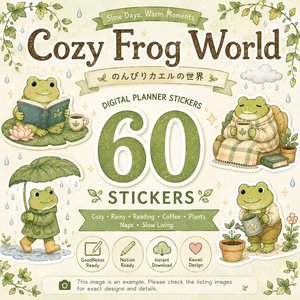 のんびりカエルの世界 60点 デジタルプランナーステッカー｜読書・雨・コーヒー・植物・日常｜PNGイラスト素材