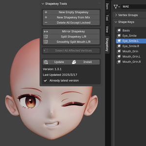 「無料」Blender Shapekey Tools 1.3.1 左右のシェイプキーをワンクリックで分割・結合