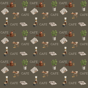 ヴィンテージカフェ＆インテリア シームレスパターン（ブラウン）