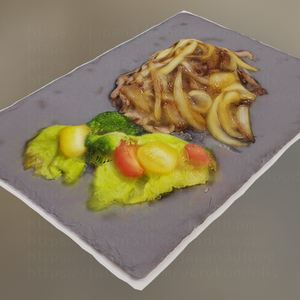 3Dモデル 肉料理　牛肉と新たまねぎとトマトサラダ　野菜炒め japan3dfood yorokondolls