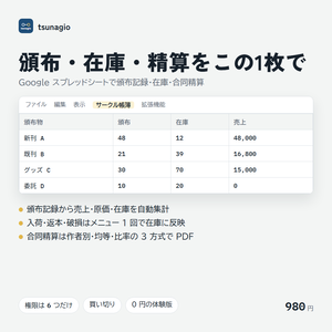 同人サークル向け 売上・在庫・イベント精算シート｜イベント集計・在庫アラート・合同精算をGoogleスプレッドシートで自動化【無料体験版あり】