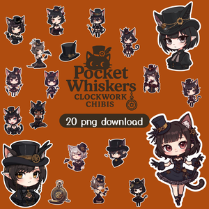 Pocket Whiskers Clockwork Chibis 3｜ゴシック＆クロックワーク風チビ猫クリップアート（デジタル素材)
