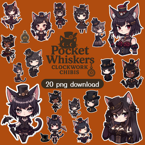 Pocket Whiskers Clockwork Chibis 5｜ゴシック＆クロックワーク風チビ猫クリップアート（デジタル素材)