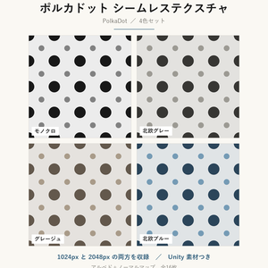 【VRChat】レトロな壁・床に使える ポルカドットテクスチャ 4色｜Unity素材つき・2048px対応・シームレス (Polka Dot Seamless Texture)