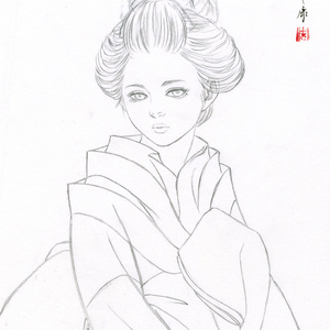 絵画「見立て姫山 春花」のための下絵　鉛筆線画直筆素描　オリジナル１点