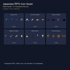 和風RPG アイコン素材スターターバンドル 72PNGセット / Japanese RPG Icon Asset Starter Bundle - 72 Transparent PNG Set