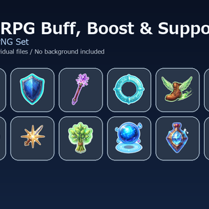 RPG バフ・強化・支援アイコン 12PNGセット / Fantasy RPG Buff, Boost & Support Icons