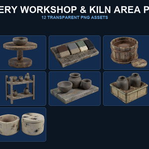 和風 陶芸窯場シーン小物 12PNGセット / Japanese Pottery Workshop & Kiln Area Props - 12 PNG Set