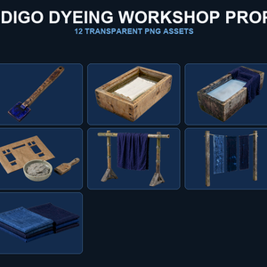 和風 藍染工房シーン小物 12PNGセット / Japanese Indigo Dyeing Workshop Props - 12 PNG Set