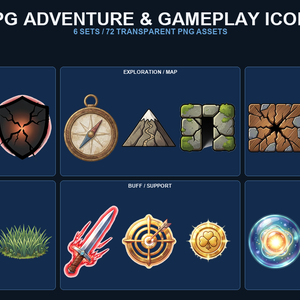 RPG 冒険・ゲームシステムアイコンバンドル 6商品72PNGセット / Fantasy RPG Adventure & Gameplay Icons Bundle