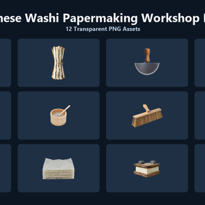 和風 紙漉き・和紙工房シーン小物 12PNGセット / Japanese Washi Papermaking Workshop Props - 12 PNG Set